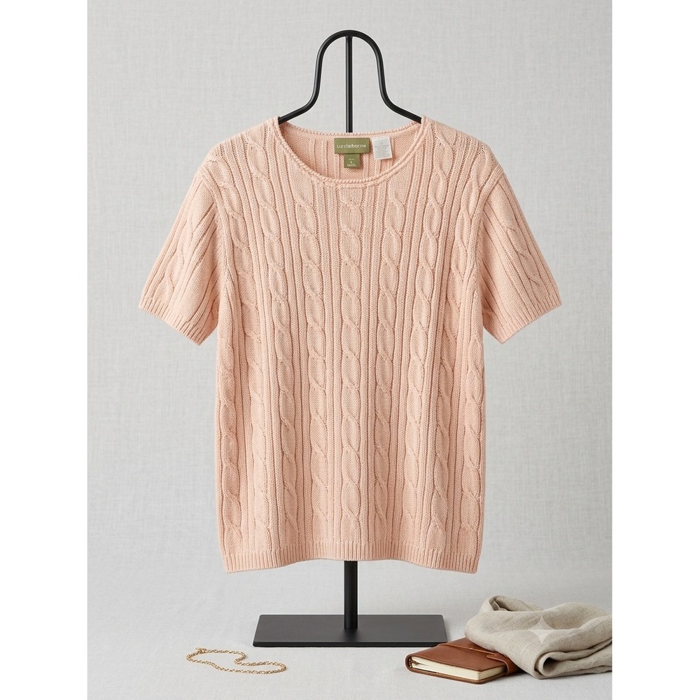 Liz Claiborne Lizwear Pink Cable Knit Short Sleeve Cotton Sweater LWMU00165
